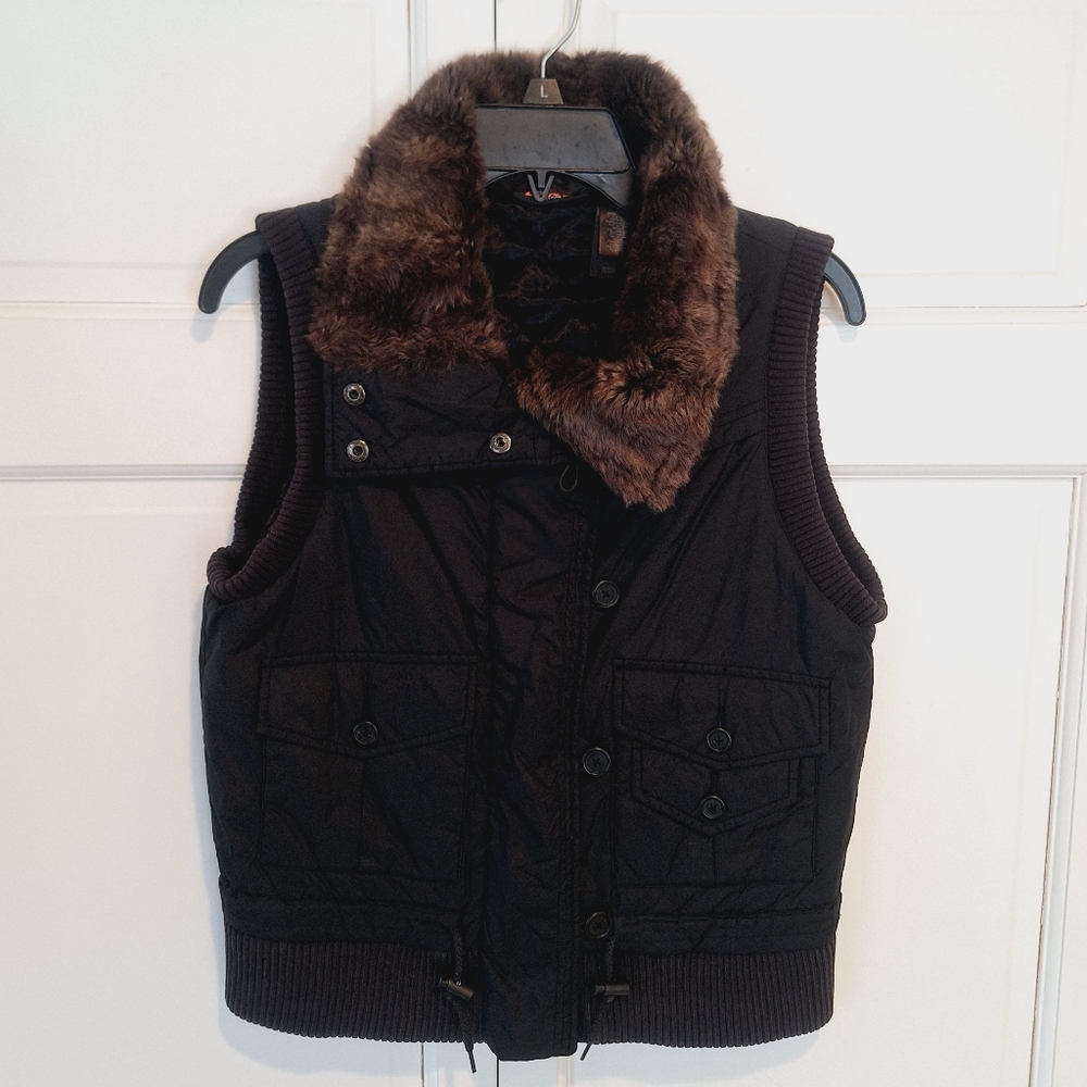 Dkny Black Quilted Vest with Brown Faux Fur Collar